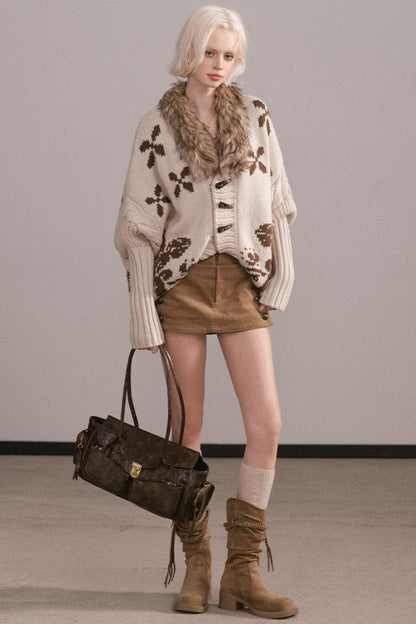 Jacquard Fur Collar Batwing Jacket