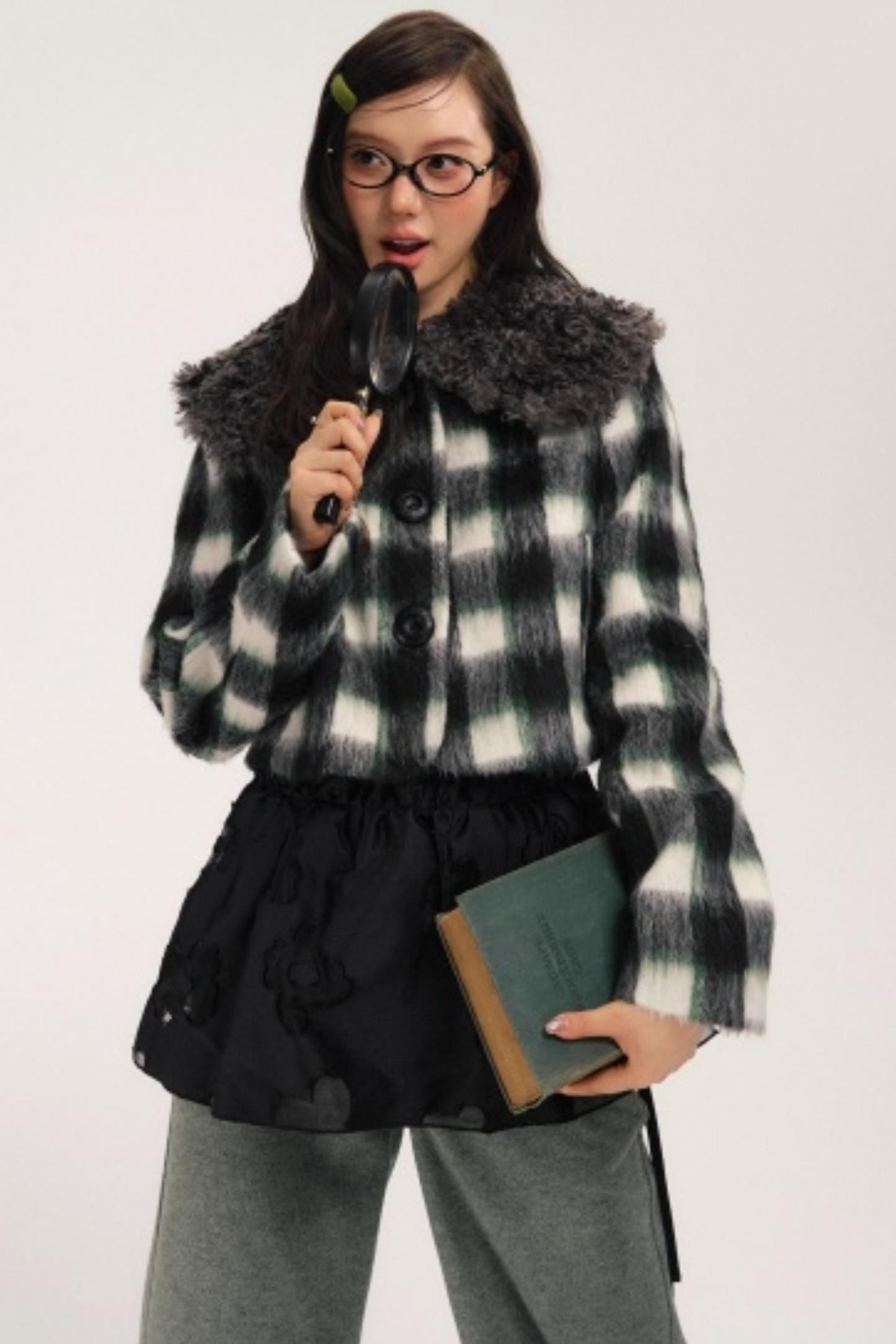 Plaid Wool Fur Collar Jacket