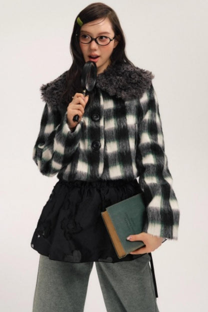 Plaid Wool Fur Collar Jacket