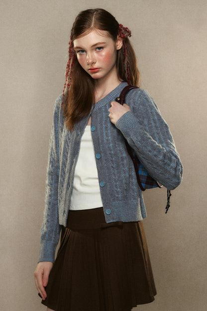 Short Twist Knit Crew Neck Cardigan