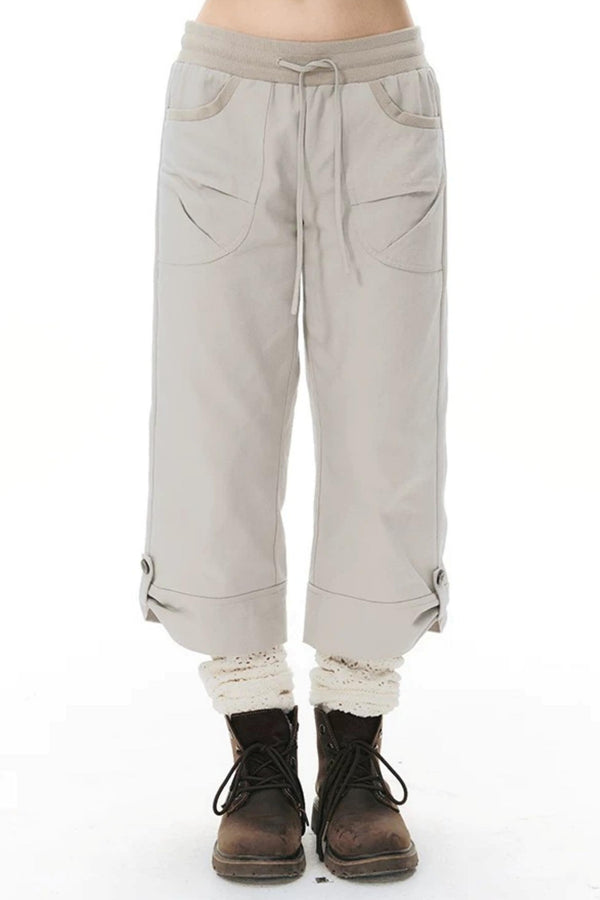 Ribbed Waist Rolled Hem Mid-Length Pants
