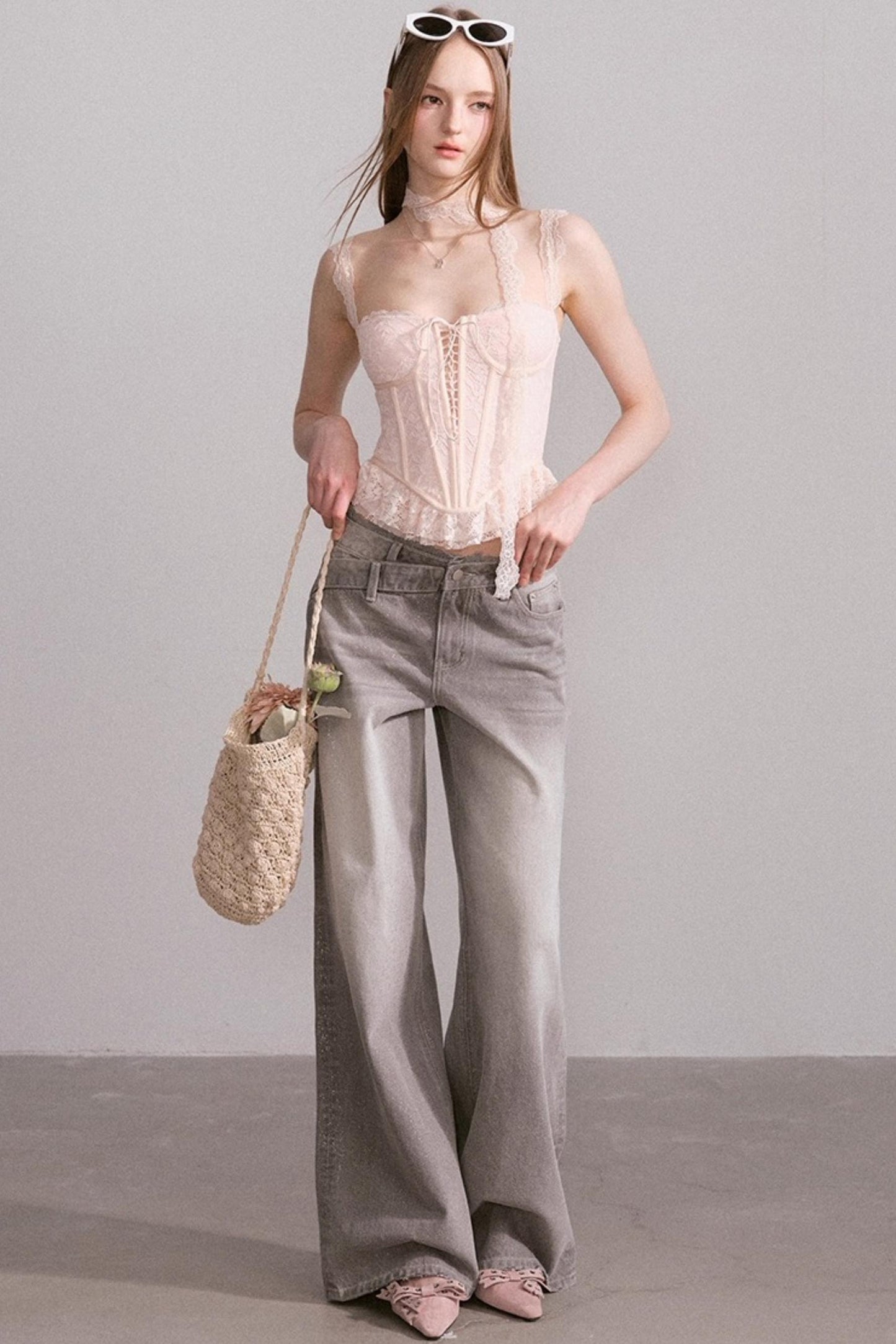 Vintage Lace-Waist Wide-Leg Jeans