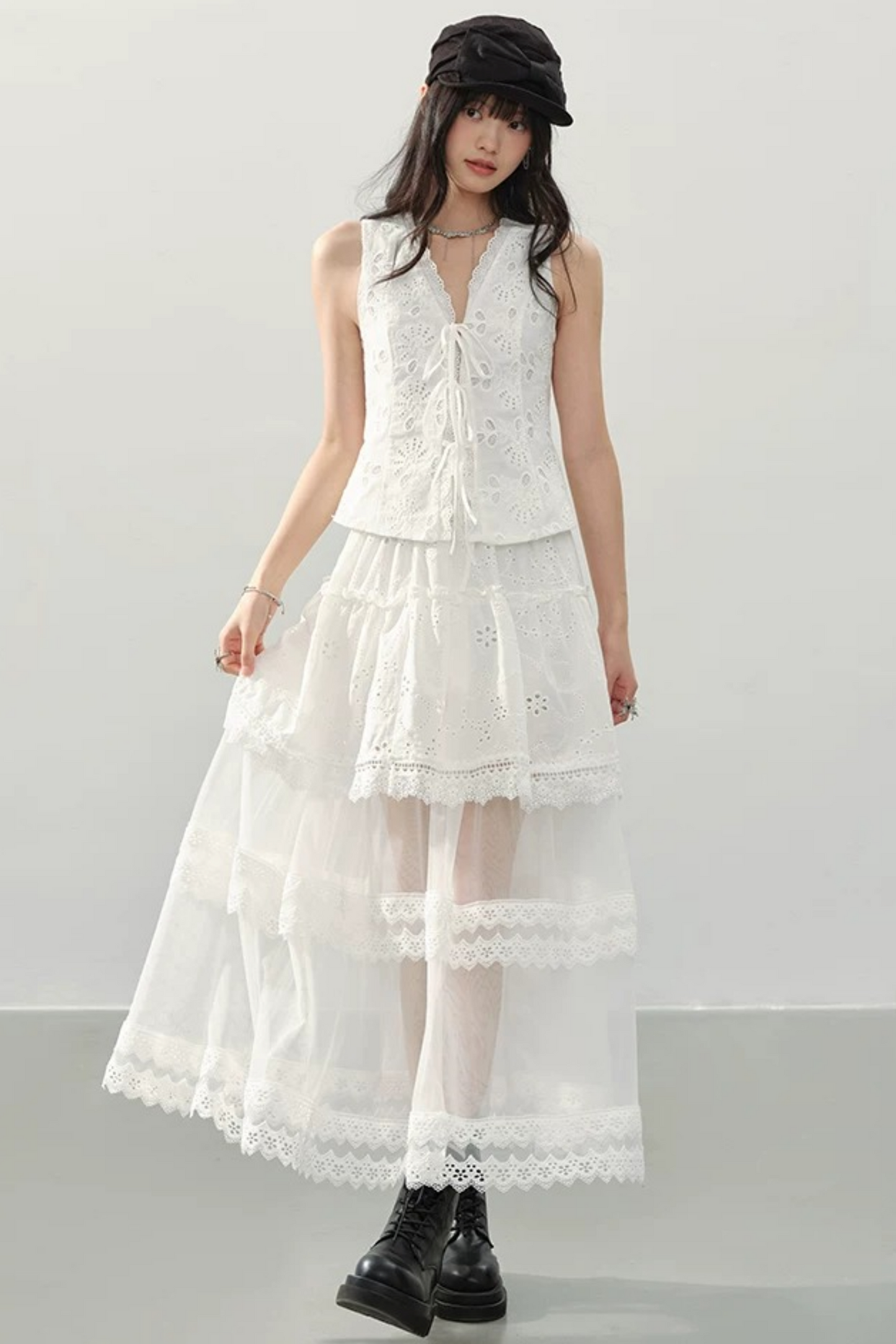 Gonna A-Line In Pizzo Bianco A Balze