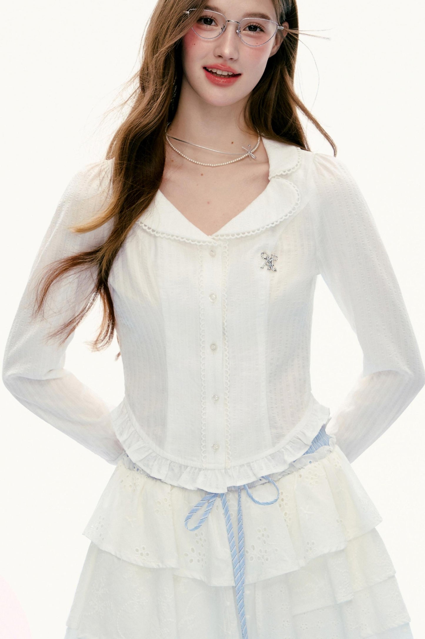 French Retro Lace Stitching Short Shirt