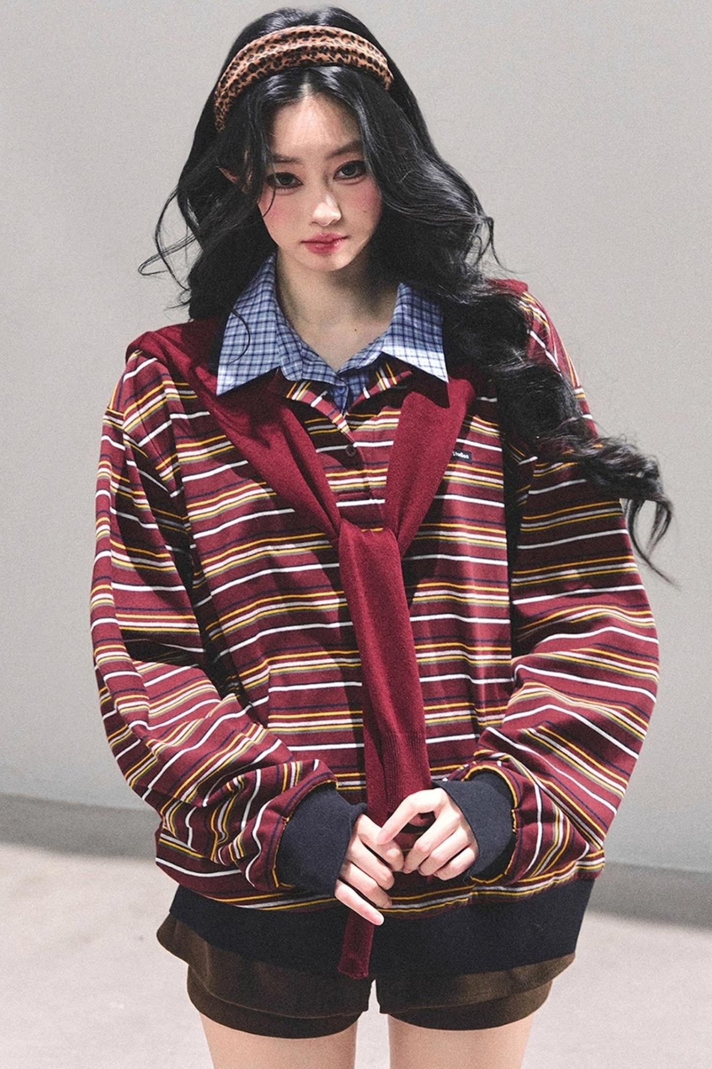 Striped Polo Collar Top