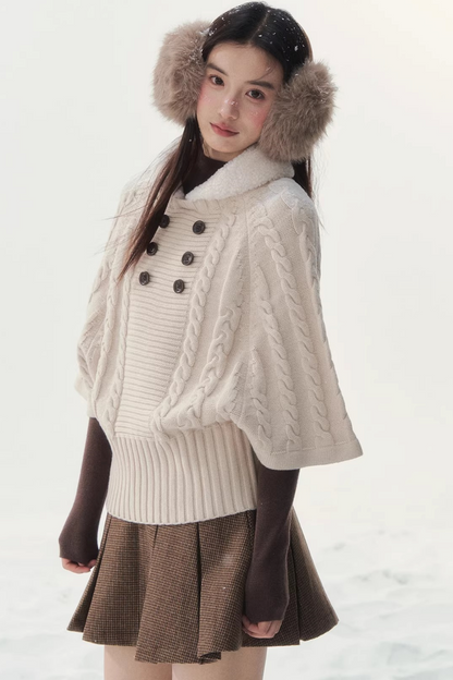 Coffee-Colored Fur Collar Cape Sweater