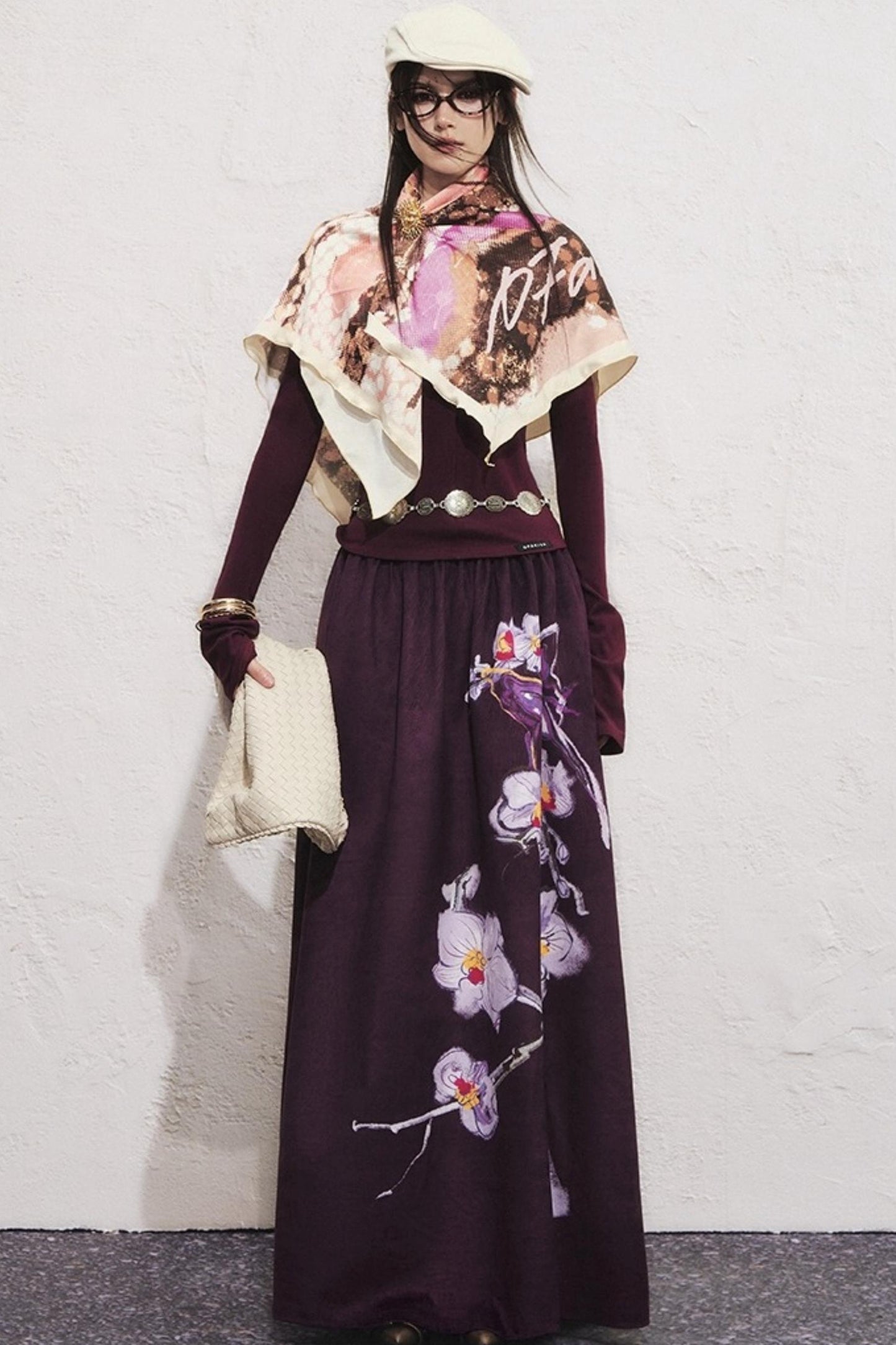 Purple Flower Print Long Skirt