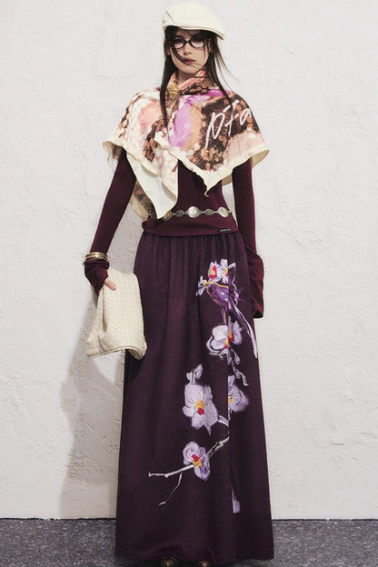 Purple Flower Print Long Skirt