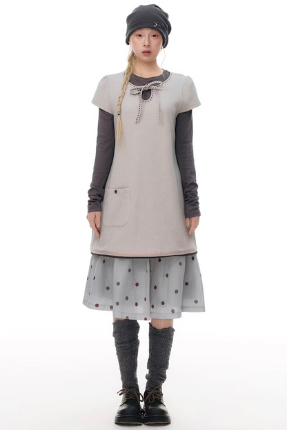 Embroidered Tie Neck Dress