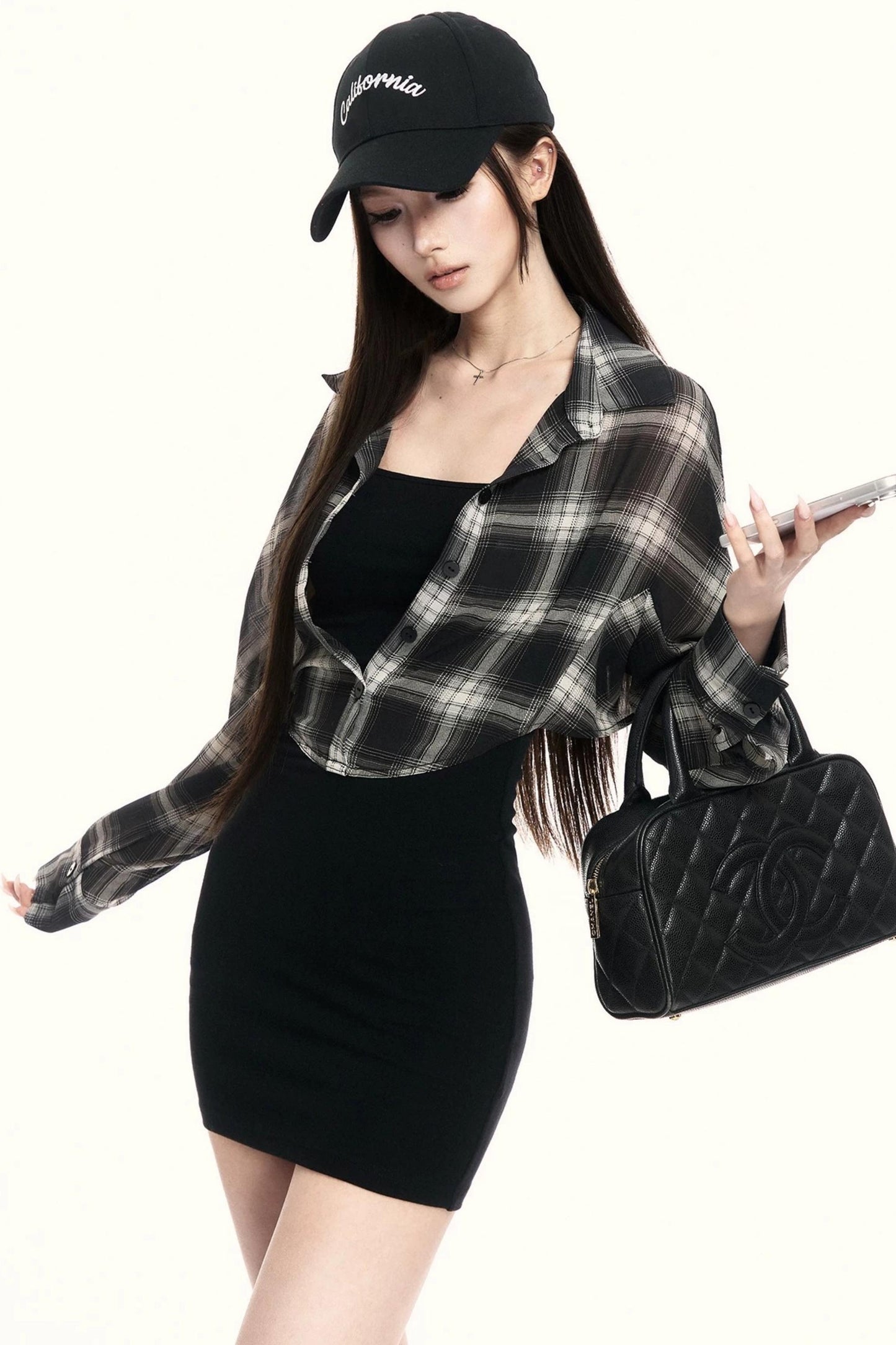 Plaid Shirt Knitted Camisole Dress