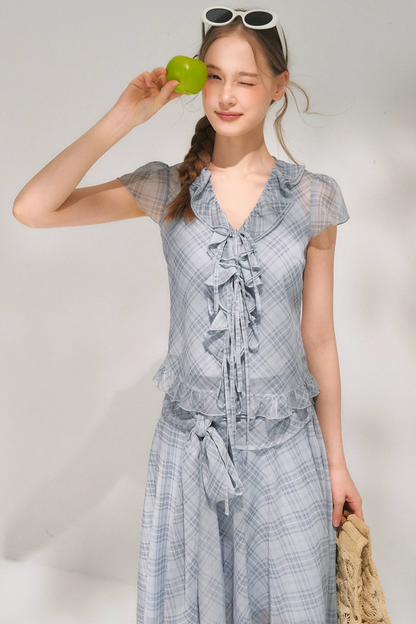 Completo a Due Pezzi Retro a Quadri in Chiffon