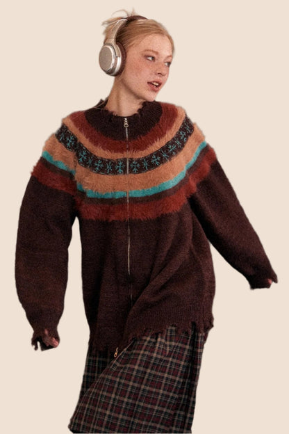 EZEK's stimmungsvoller amerikanischer Retro-Lazy-Stil Nähte kontrastierende Pullover Damen Frühjahr und Herbst Reißverschluss Strickjacke Jacke