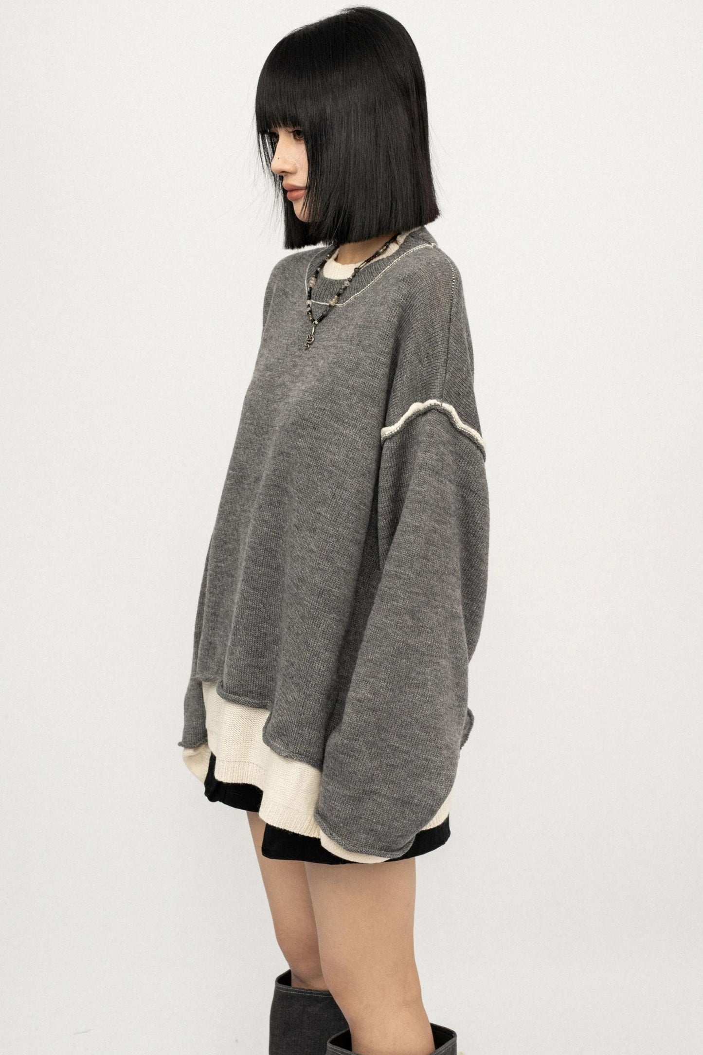 Fake Two Loose Knit Smock Sweater