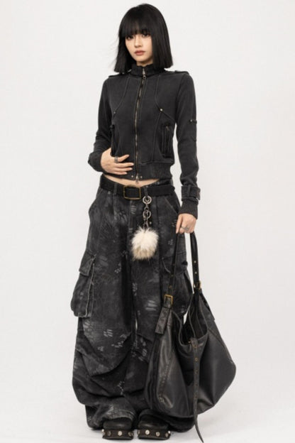 Retro Black Zipper Cardigan