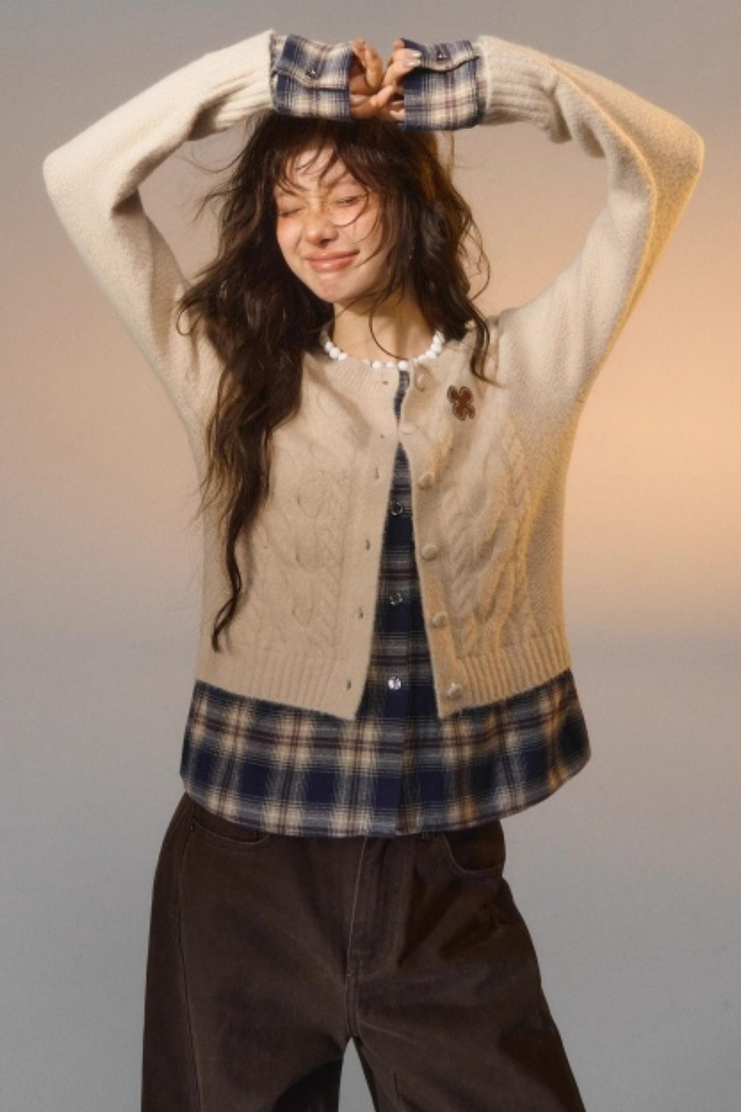 Plaid Patchwork Knit Cardigan