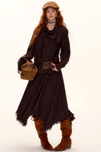 Frayed Hem Plaid Midi Skirt Belt Set