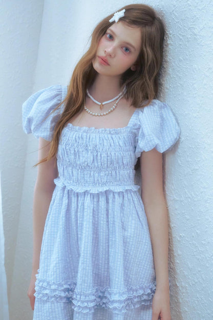 Blue Plaid Bubble Sleeves Dress