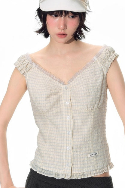 Checked Sleeveless One-Shoulder Shirt Set-Up