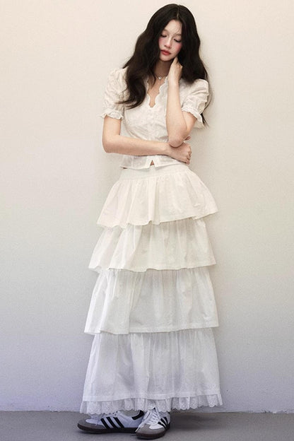 White Tiered Shirt Skirt Set-Up
