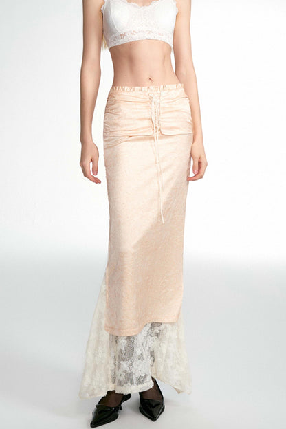 Streamer Satin Tie Lace Maxi Skirt