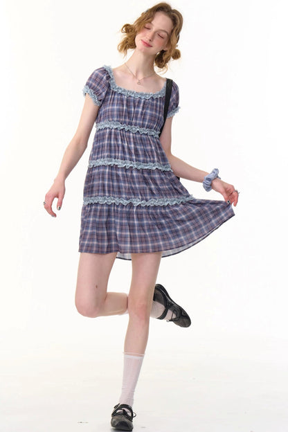 Purple Plaid Puff Sleeve Dress