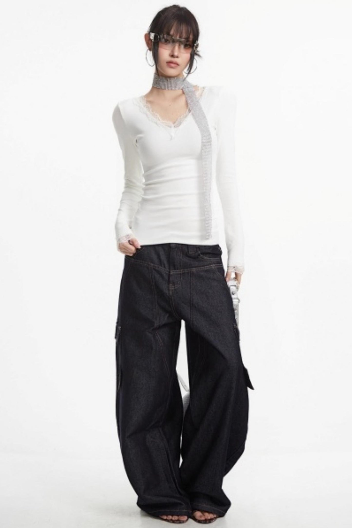 White Lace-Trimmed V-Neck Top