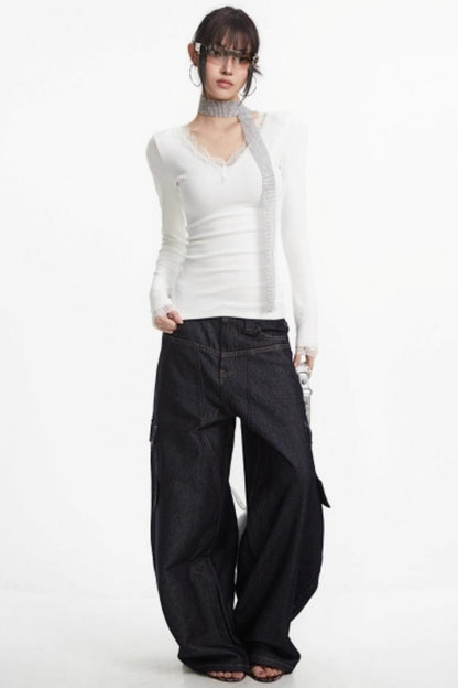 White Lace-Trimmed V-Neck Top