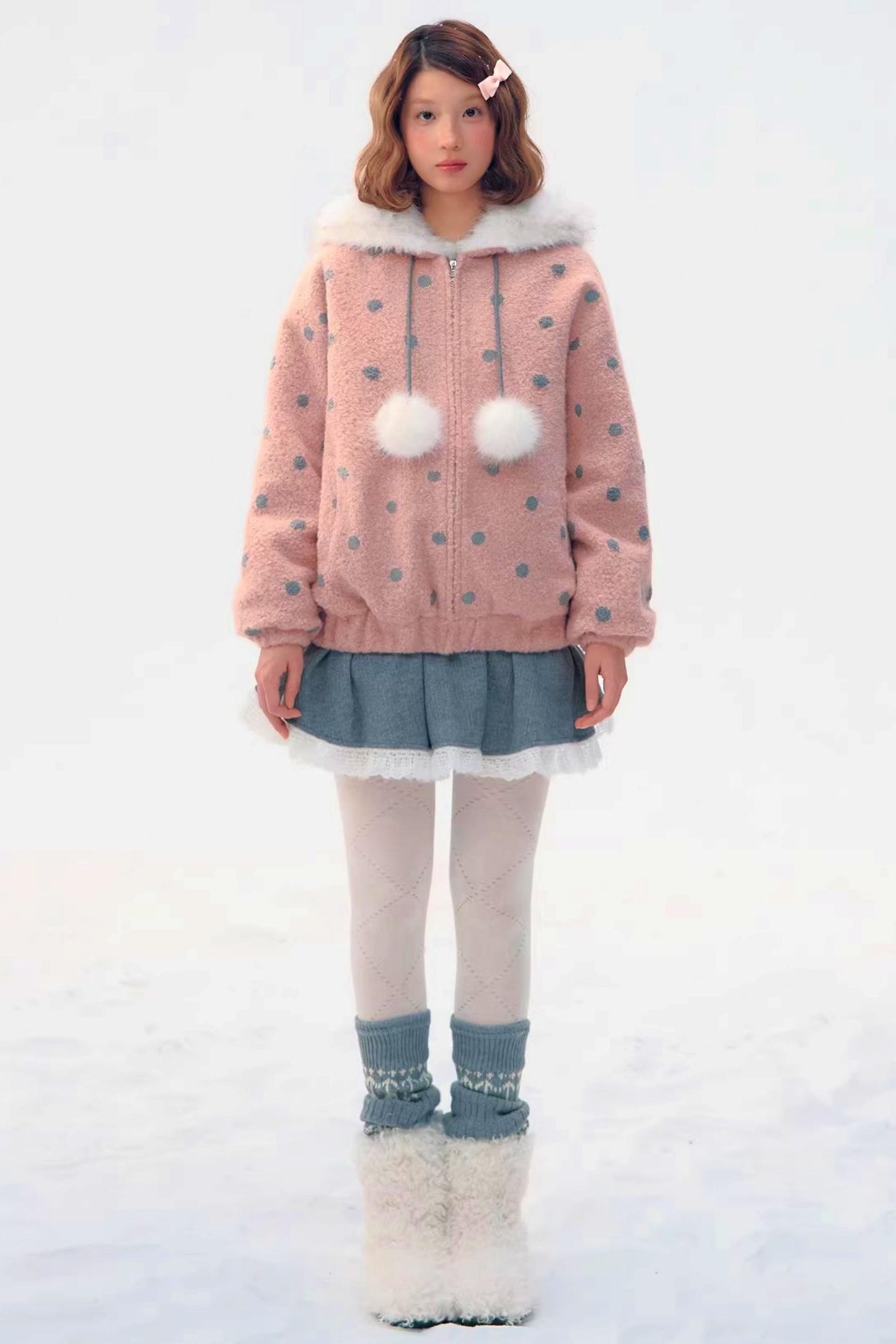 Pink Gray Polka Dot Hooded Jacket