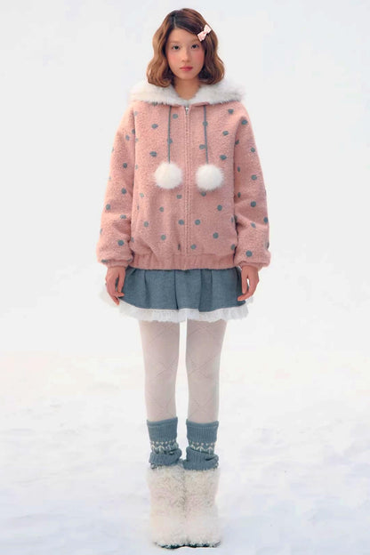 Pink Gray Polka Dot Hooded Jacket