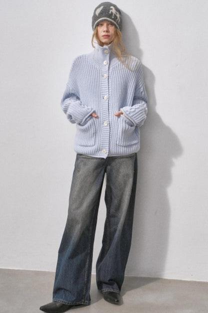 Thick Cable Knit Turtleneck Cardigan