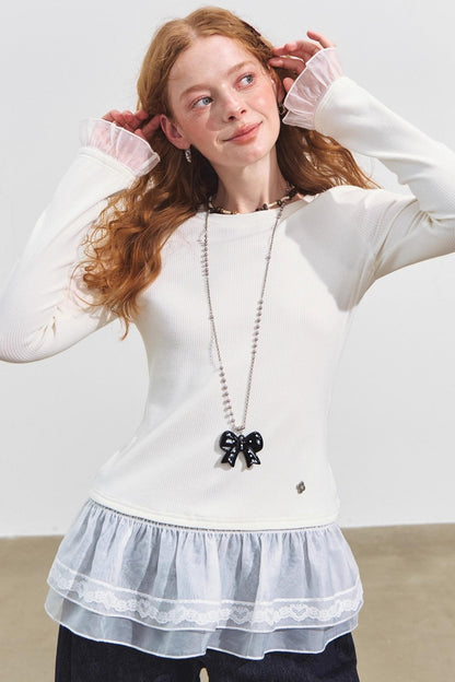 Double-Lace Raglan Sleeve Fleece Top