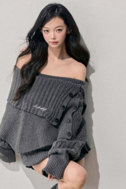 One-Shoulder Knitted Sweater Set