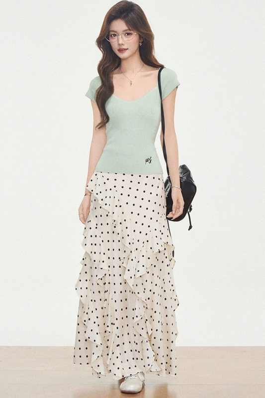 Knit Polka-Dot Top & Skirt Set-Up