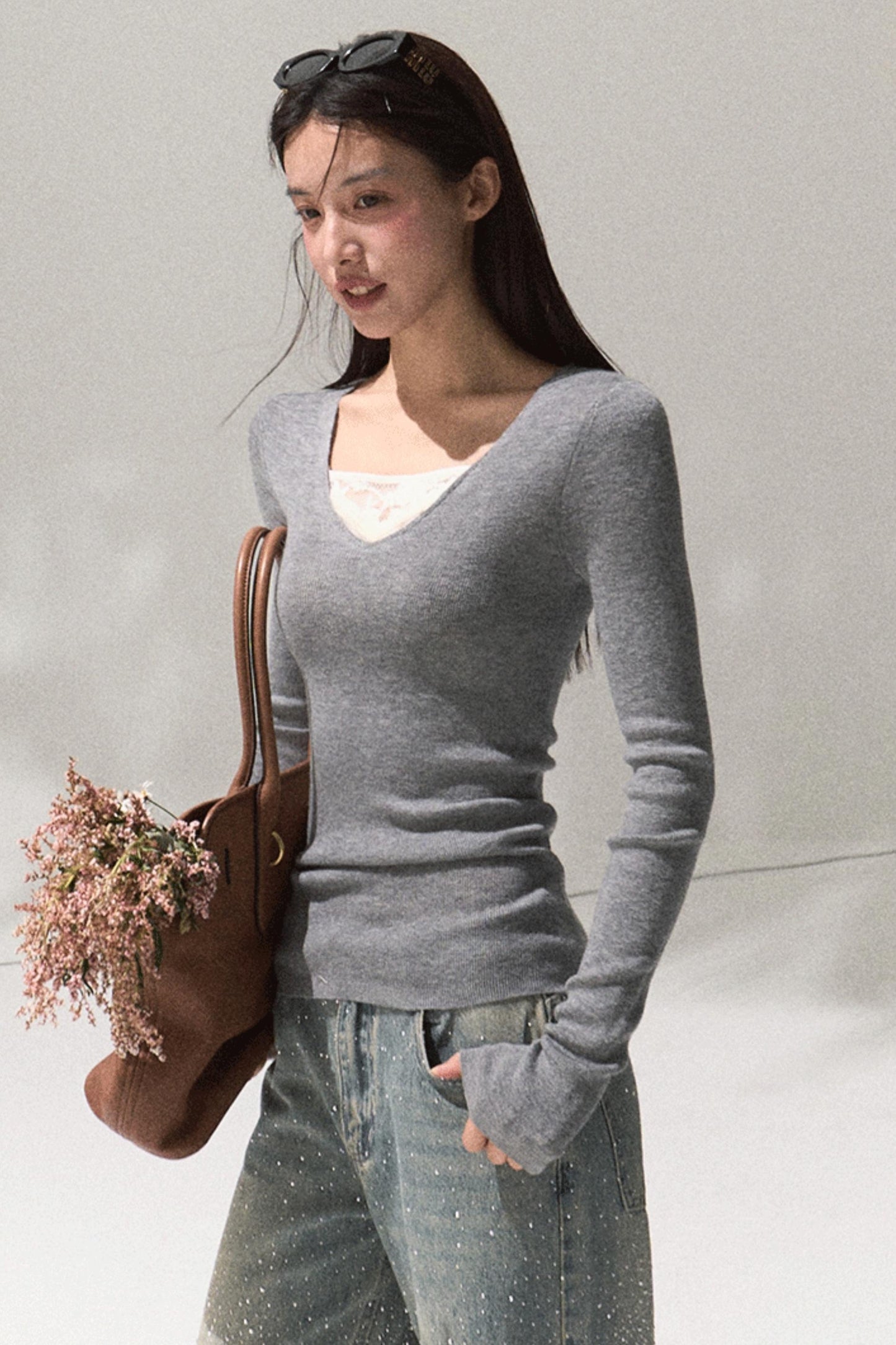 Skin Lace Wool Knit Sleeve Sweater Top