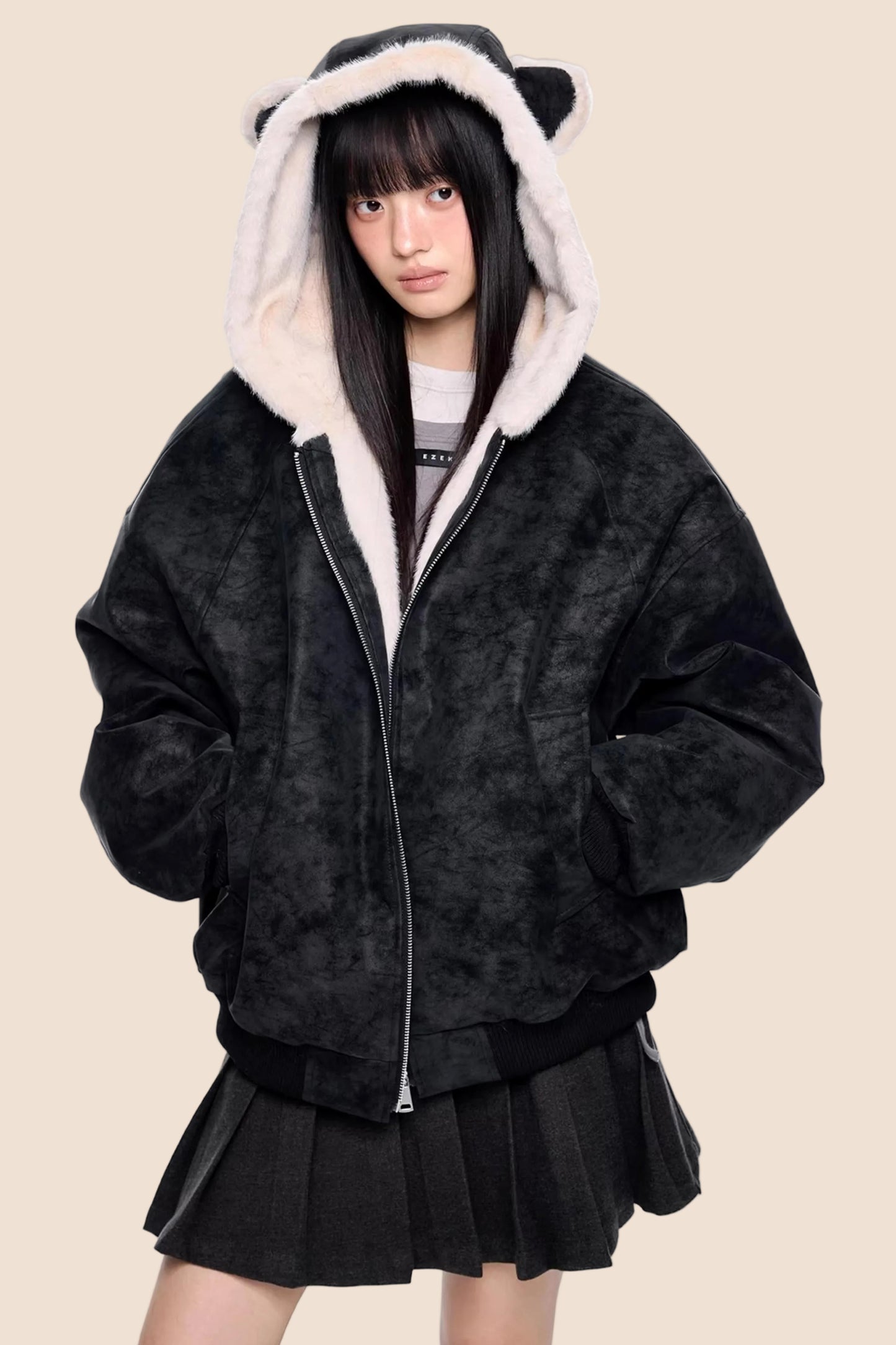 Faux Suede Hooded Fur Coat