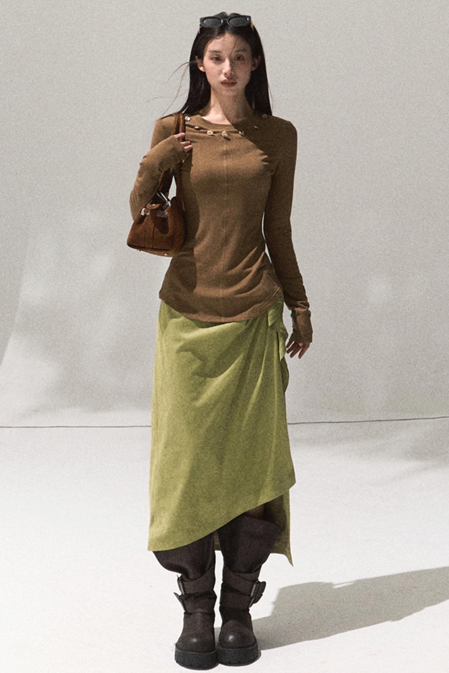 Green Oak Gray Pleated Skirt