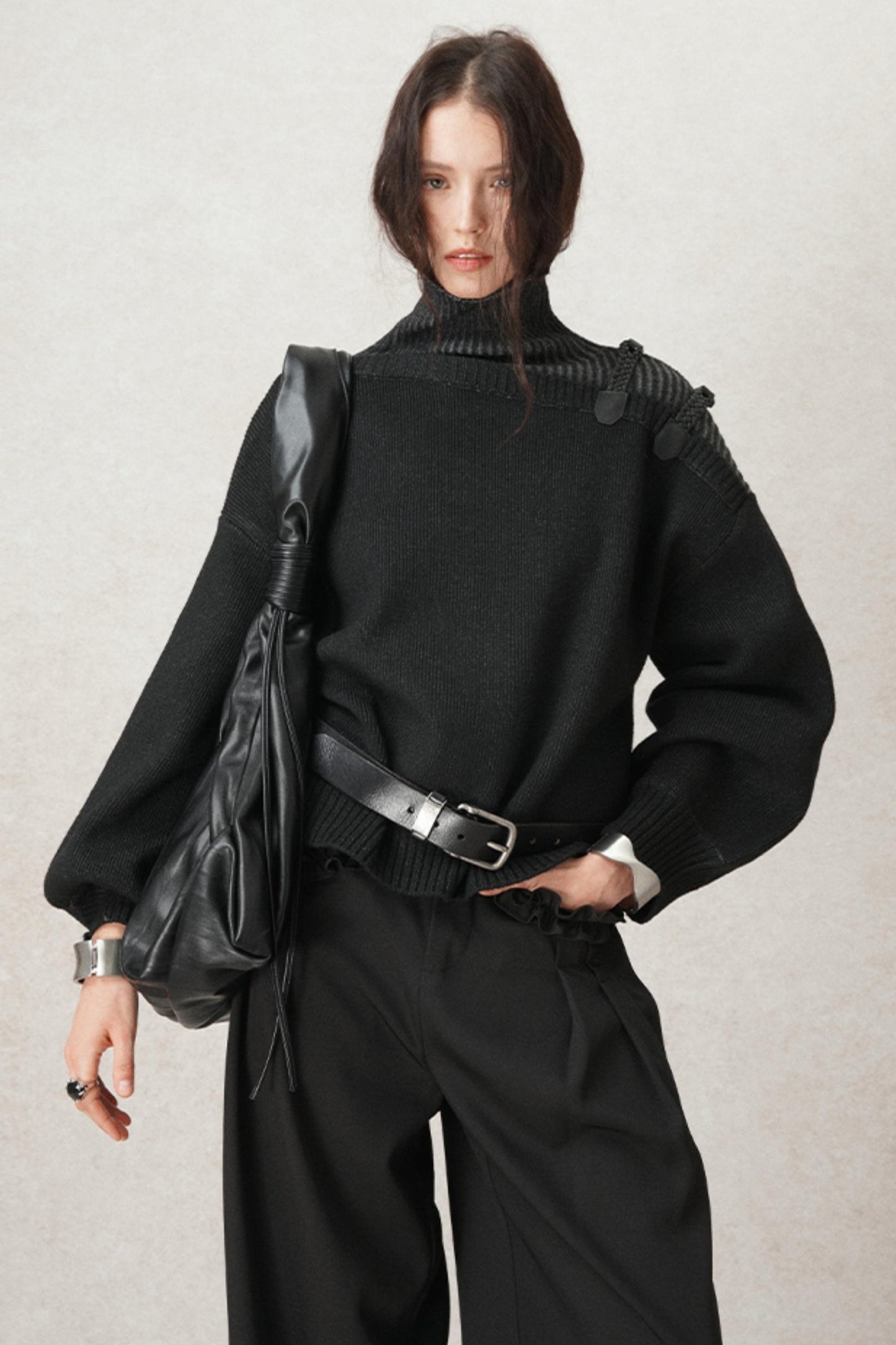 Hand-Woven Leather Loop Sweater