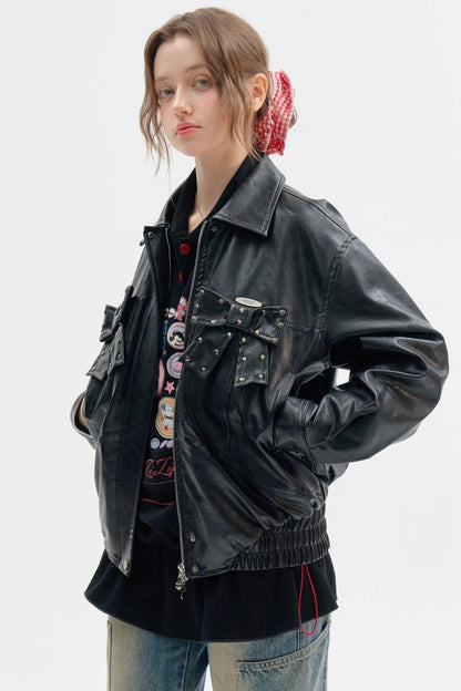 Premium Bow Black PU Leather Jacket