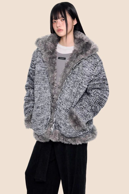 Fur Collar Knitted Reversible Jacket