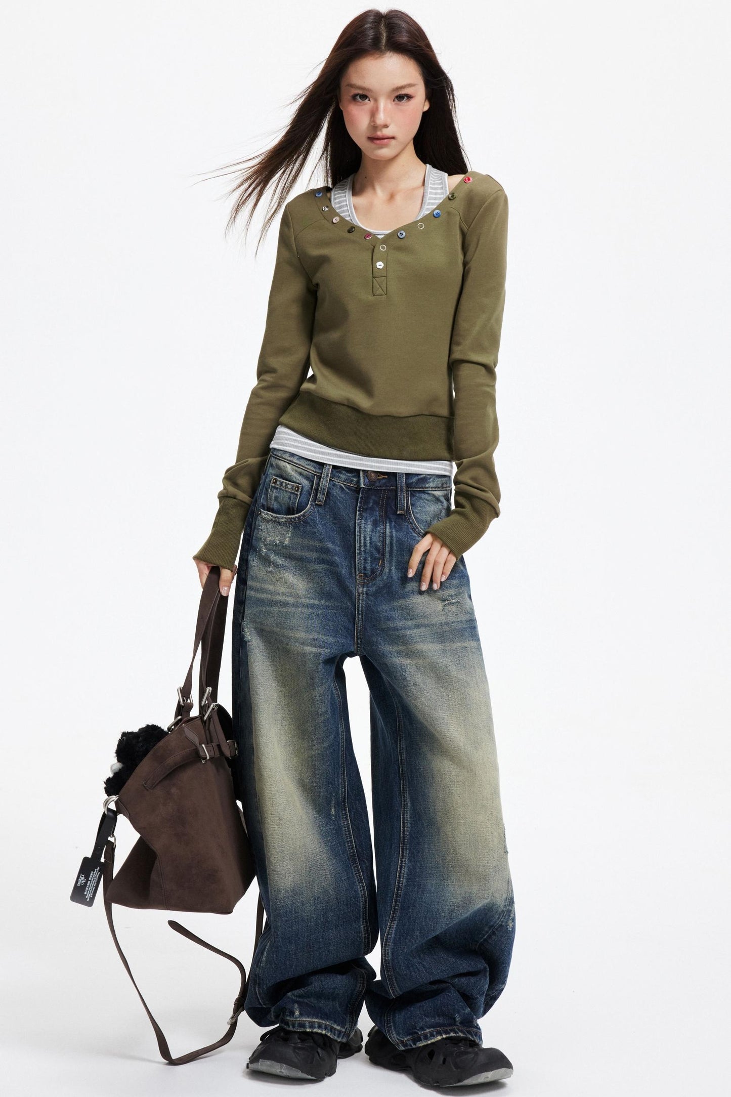 Big V-Neck Knitted Sweater Set-Up