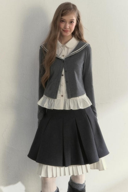 College Navy Collar Top & Skirt Set-Up