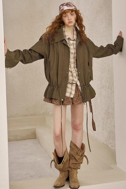 Pleats Waist Solid Color Loose Jacket