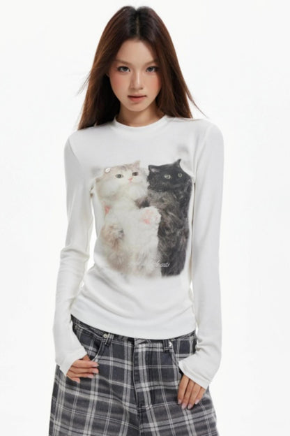 Cat Print Slim Knit Base Top
