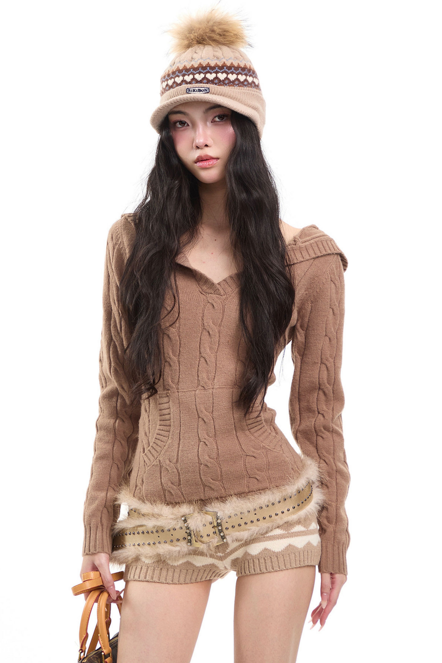 Retro V Neck Hooded Knitwear Top