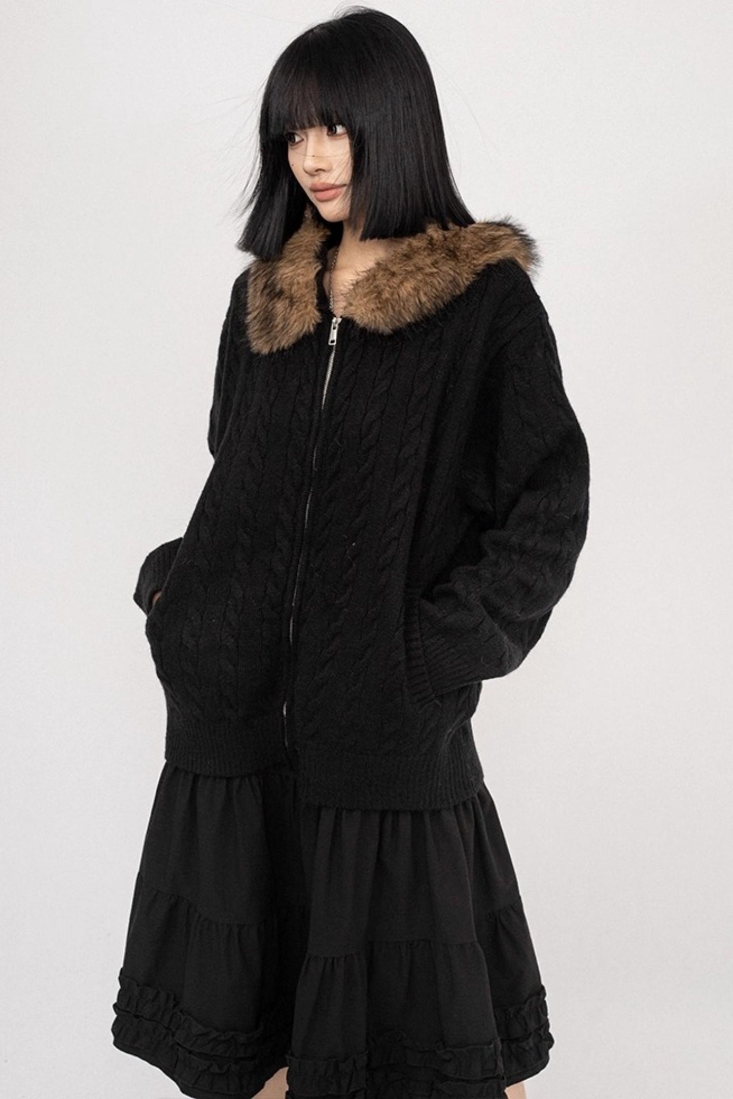 American Vintage Knitted Hooded Black Sweater Jacket