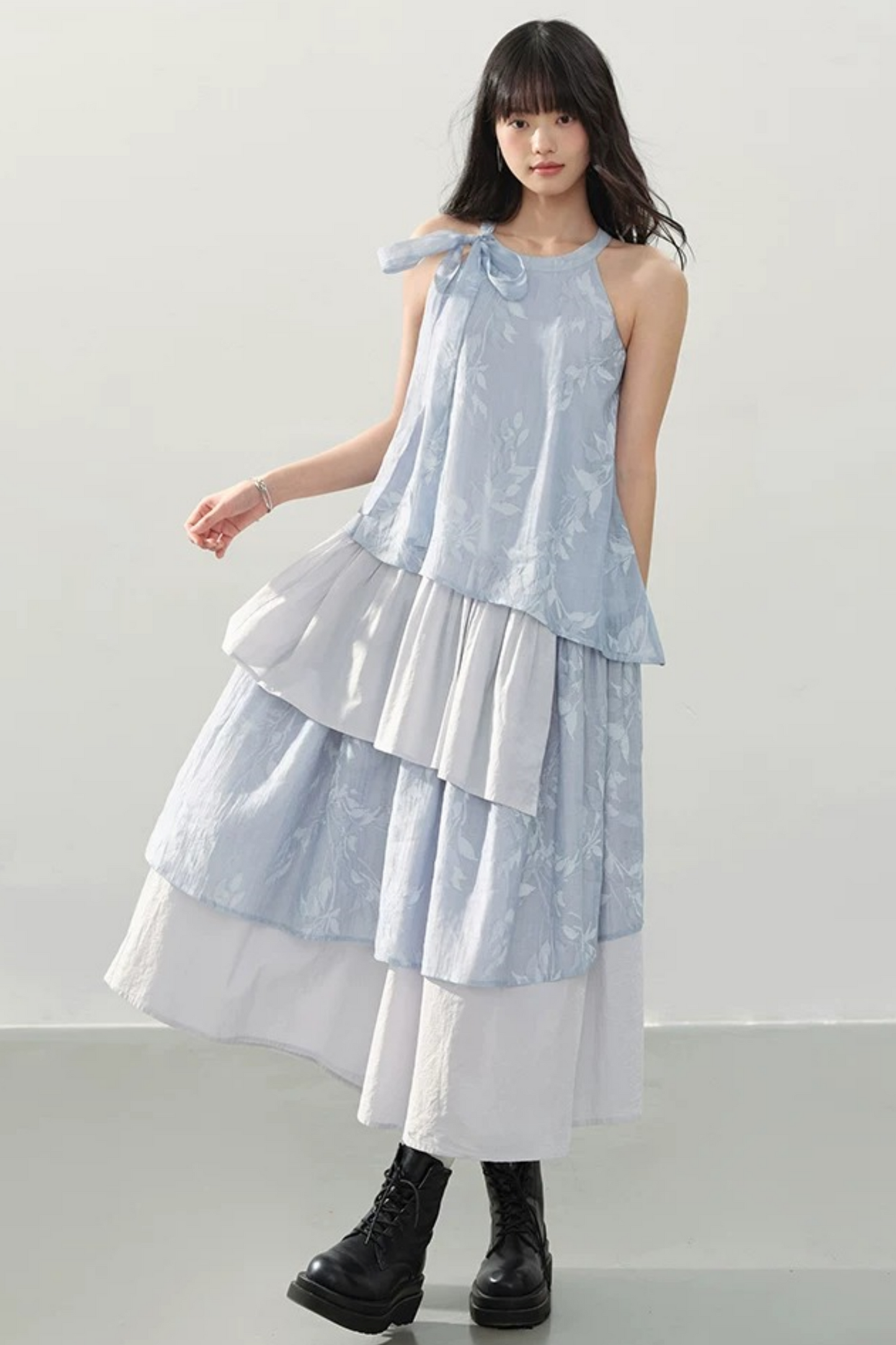 Blue Halter Print Tiered Dress