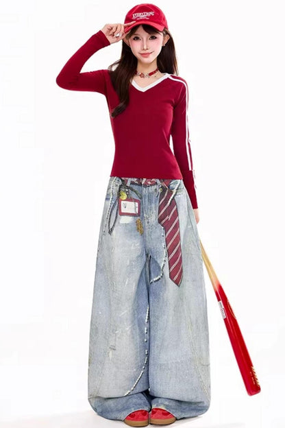 레트로 레드 V넥 탑