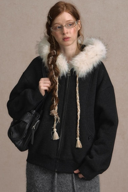 Loose Fur Collar Hooded Zipper Jacket