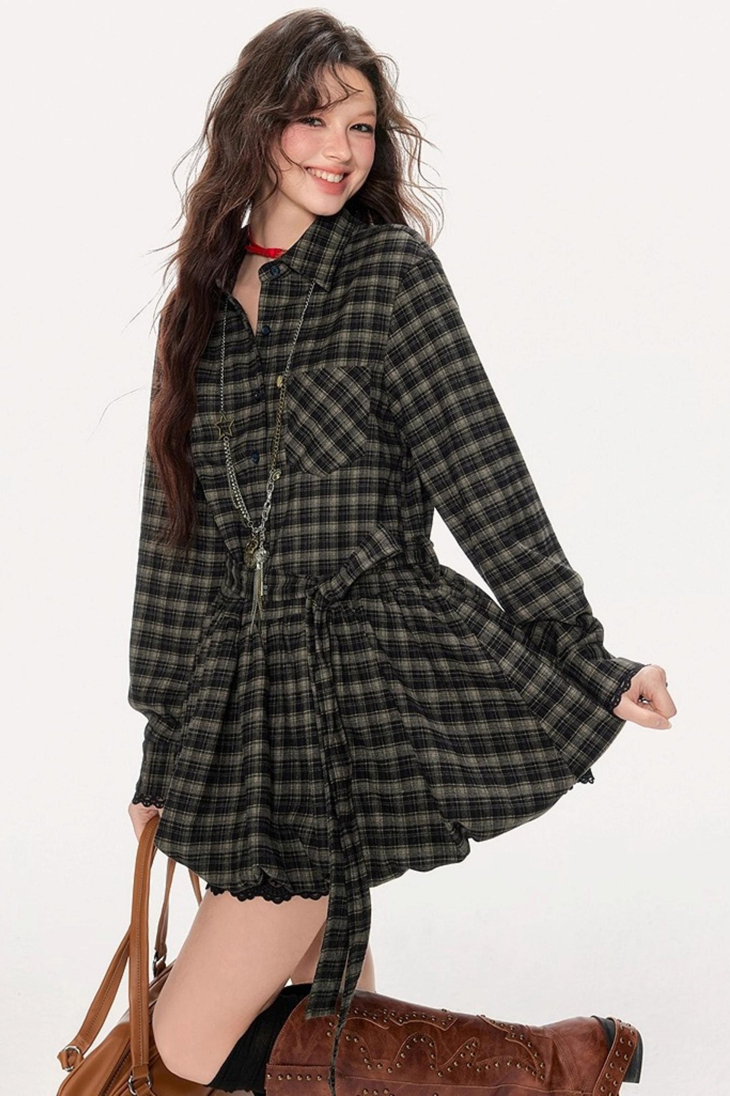Retro Plaid Long-Sleeved Ballet Dress