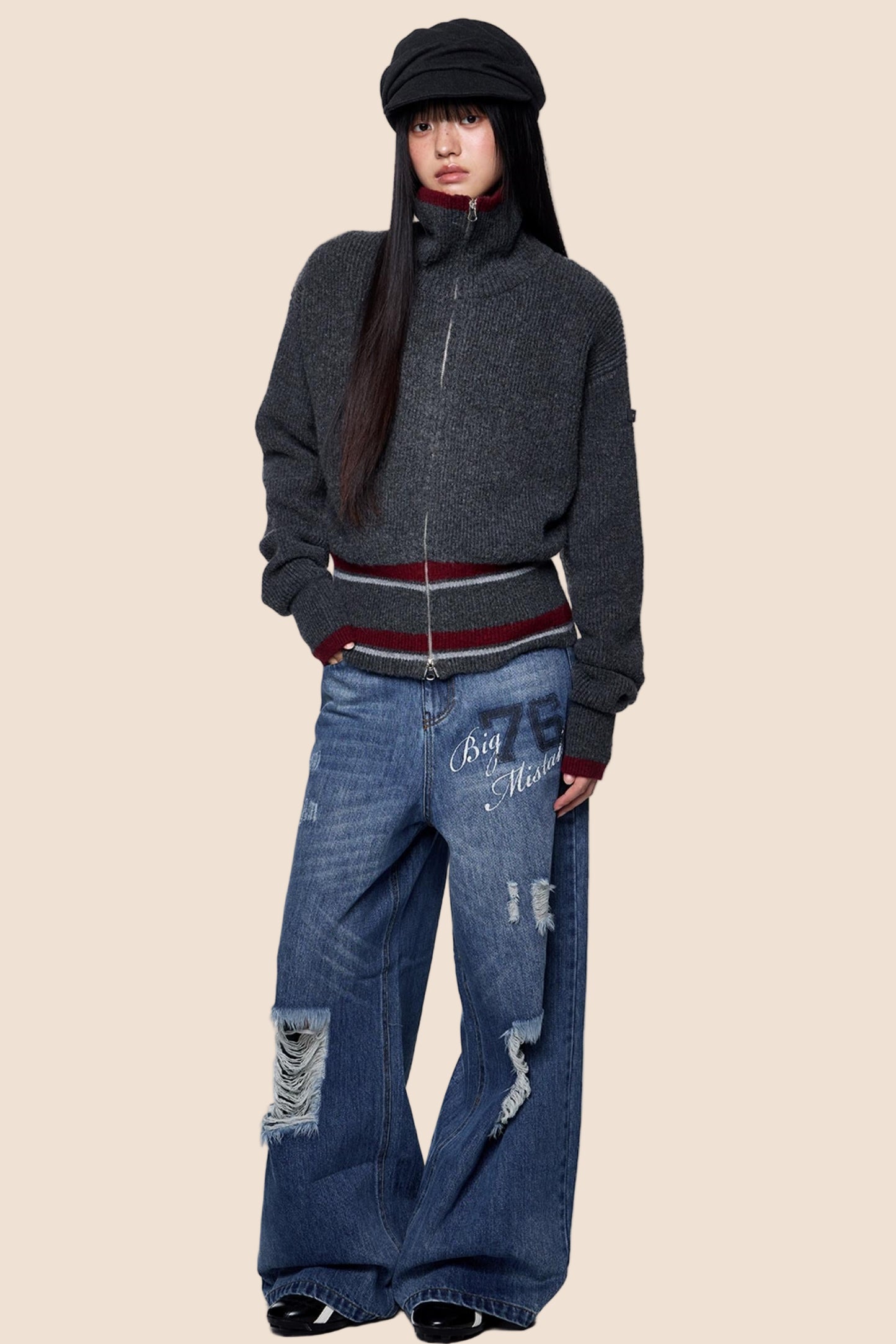 Stand Neck Stripe Sweater Jacket